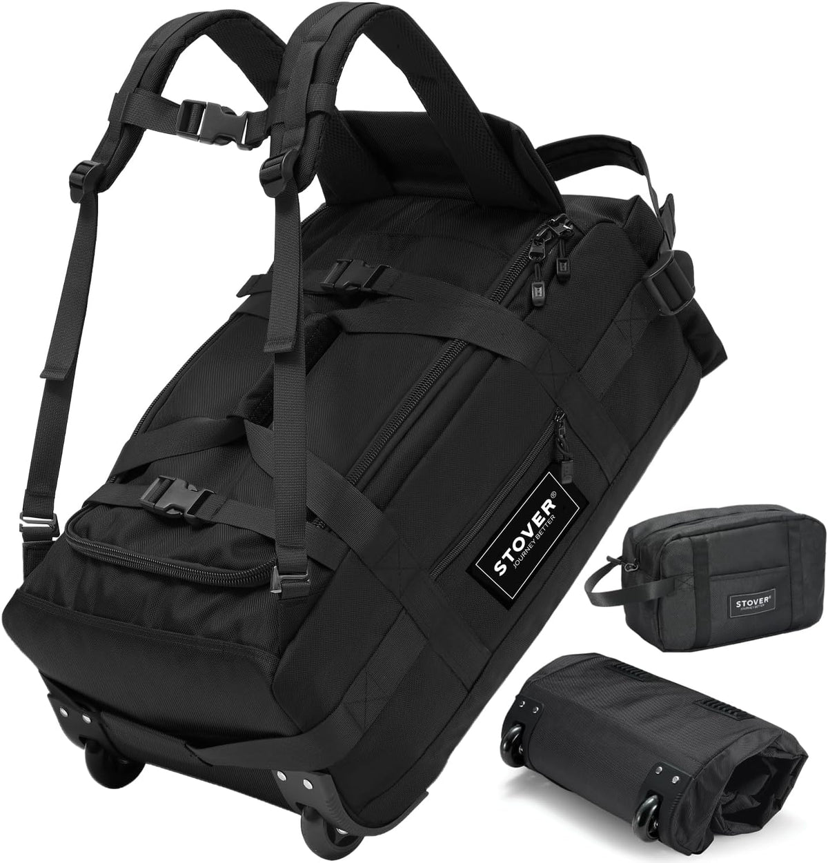 Bolsa de lona con ruedas de 45/80/100L, grande, duradera, con neceser, resistente, plegable con correas para el hombro, uso como equipaje o mochila, hombres y mujeres, U-Zip Negro, 45 l, Bolsa