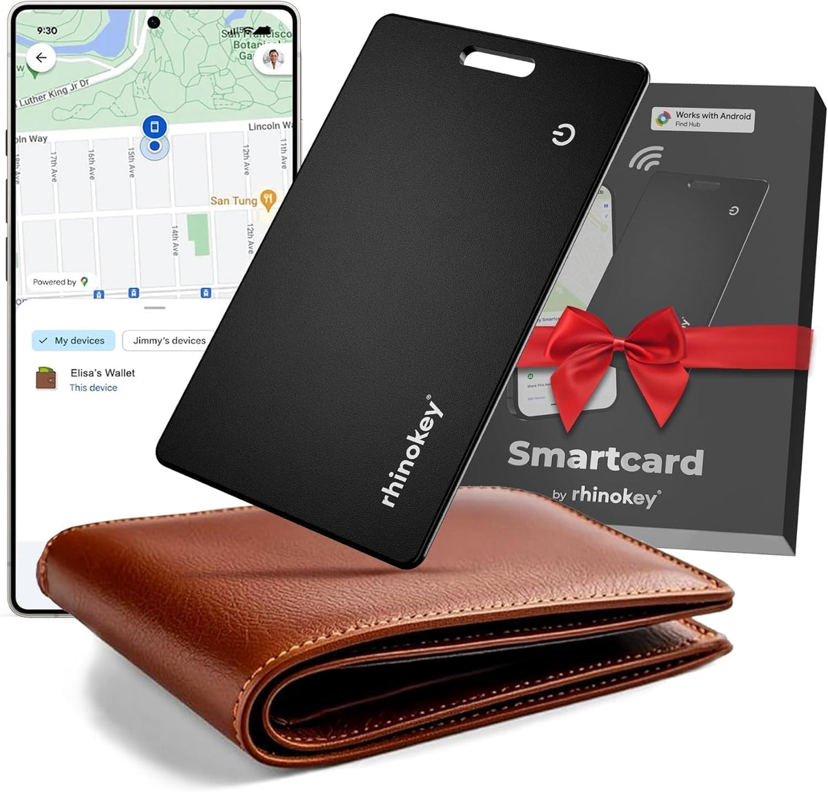Rhinokey® Tarjeta de seguimiento de cartera, (solo Android) de 0.07 pulgadas, rastreador de tarjetas recargable delgado funciona con buscador de artículos IP68 de Google Find Hub con agujero para