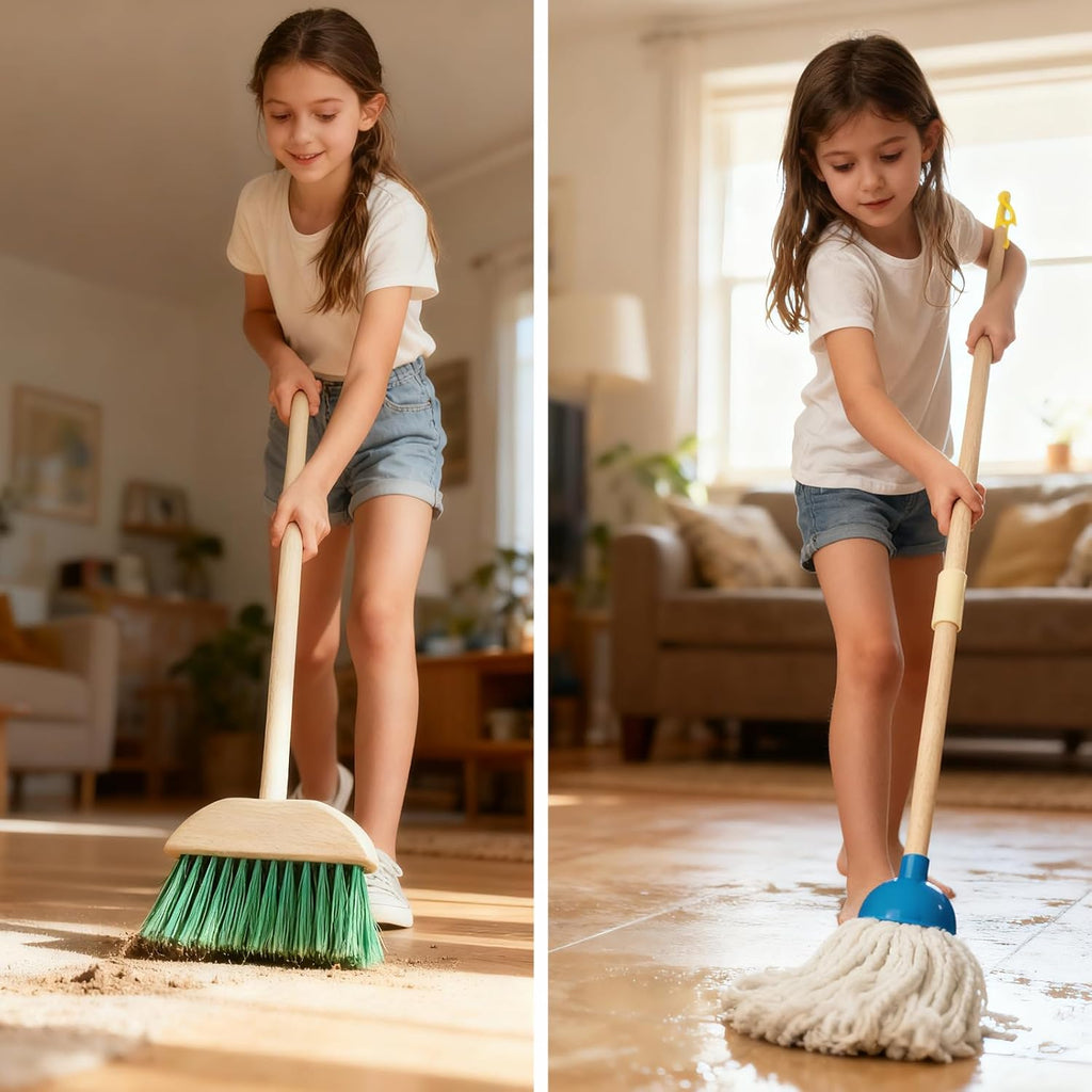 Juego de limpieza para niños, paquete de 8 unidades de limpieza de madera para tareas domésticas, incluye escoba, recogedor, escoba, recogedor, cepillos y soporte organizador, madera de haya maciza, juguetes de limpieza, regalo para niños y niñas de 3 a 8