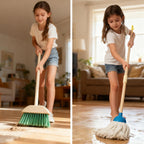 Juego de limpieza para niños, paquete de 8 unidades de limpieza de madera para tareas domésticas, incluye escoba, recogedor, escoba, recogedor, cepillos y soporte organizador, madera de haya maciza, juguetes de limpieza, regalo para niños y niñas de 3 a 8