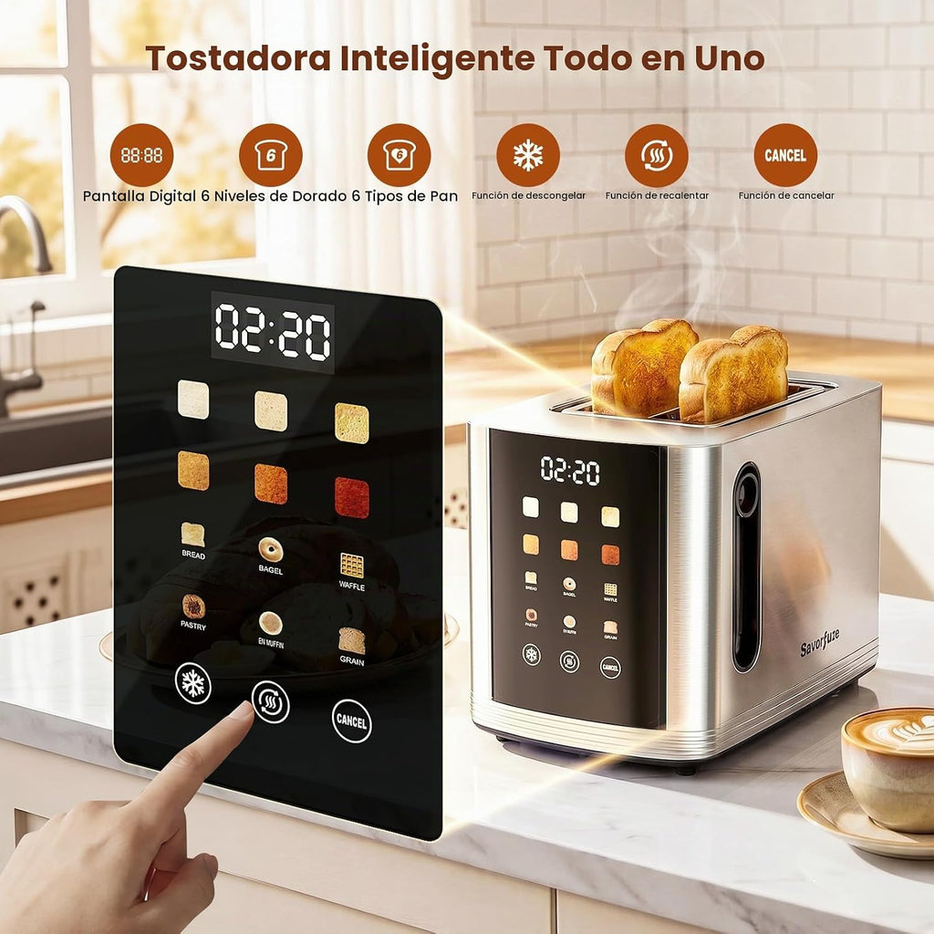 Tostadora 2 rebanadas pantalla táctil, tostadora inteligente ranura ancha