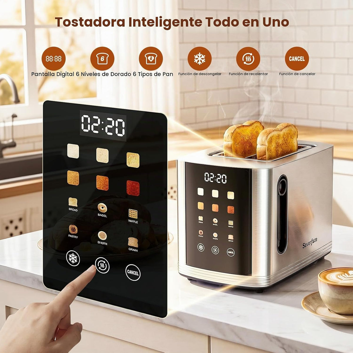 Tostadora 2 rebanadas pantalla táctil, tostadora inteligente ranura ancha