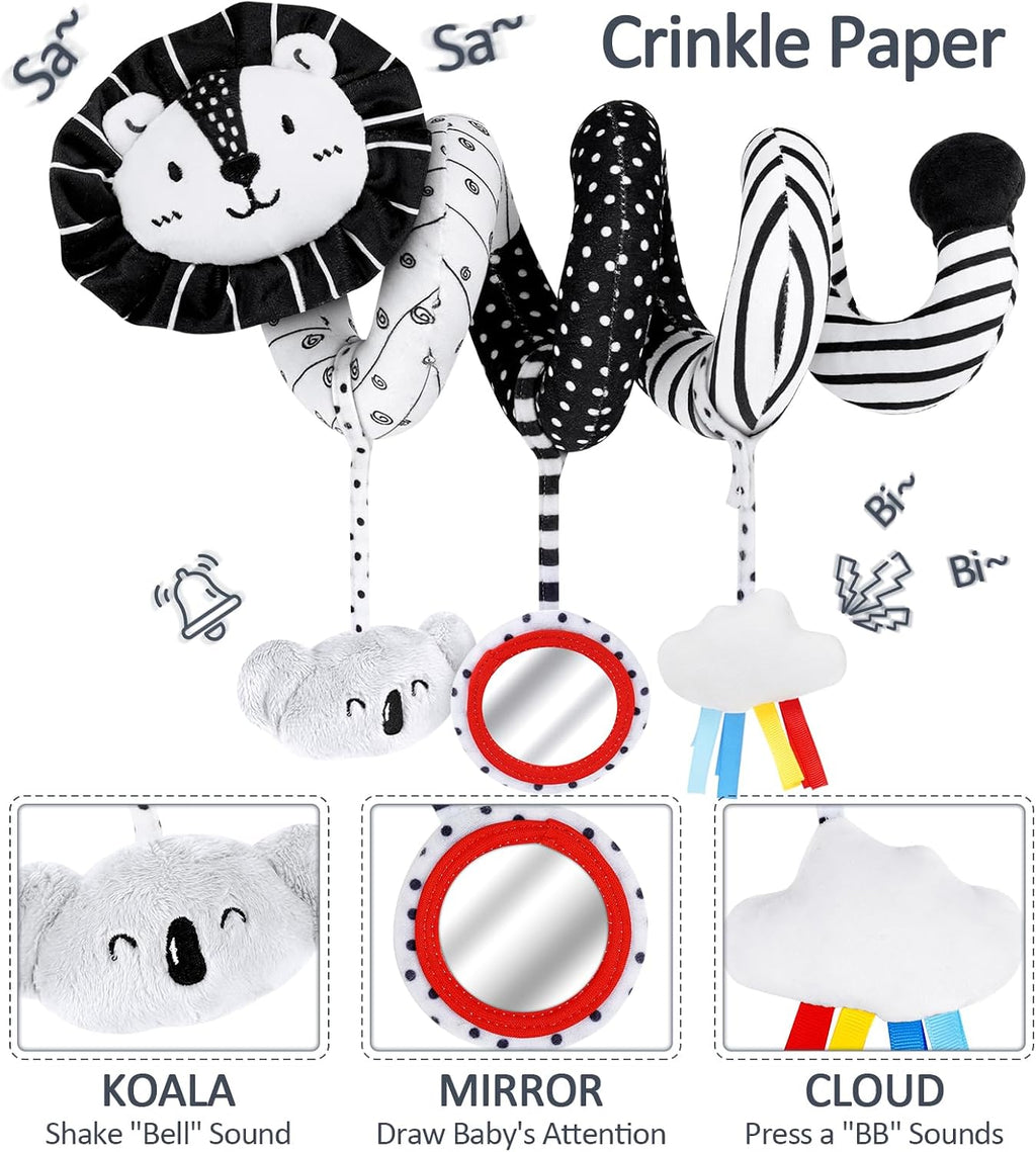 Joyreal Juguetes sensoriales de alto contraste para recién nacidos, juguetes sensoriales para bebés en blanco y negro con juguetes para asiento de automóvil, juguetes infantiles con libro de tarjetas