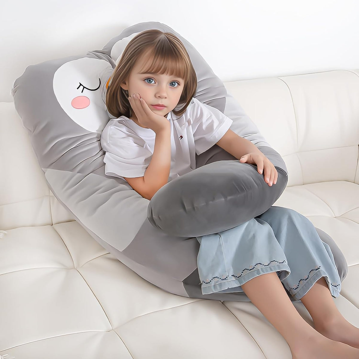 Almohada larga de felpa en forma de U de 47x23 pulgadas para niños, almohada grande y suave con forma de pingüino para dormir, peluches grandes y bonitos, funda lavable, regalo para niños y
