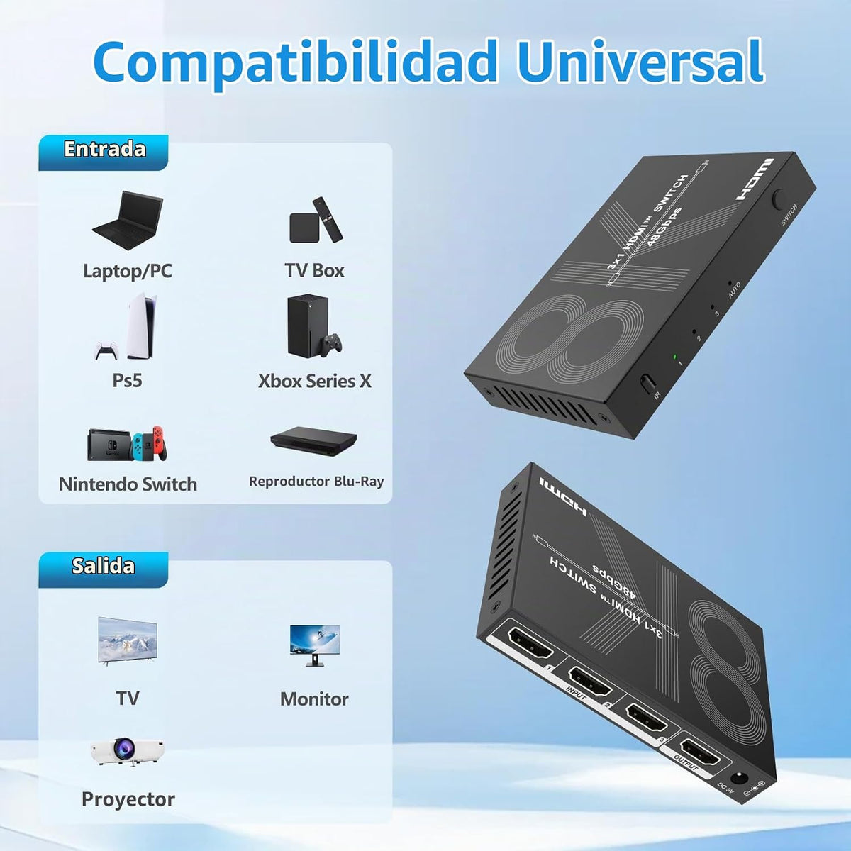 Interruptor HDMI 8K 3 en 1 salida 4K@120Hz HDMI Switcher con