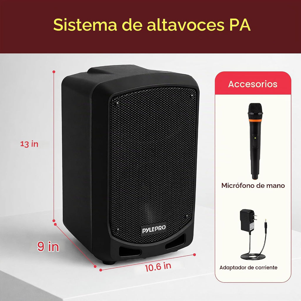 Pyle Sistema de Altavoces PA Bluetooth Portátil - Sistema de Sonido de Karaoke para Interiores y Exteriores con Micrófono Inalámbrico, Grabación de Audio, Batería Recargable, Lector USB/SD, Soporte de