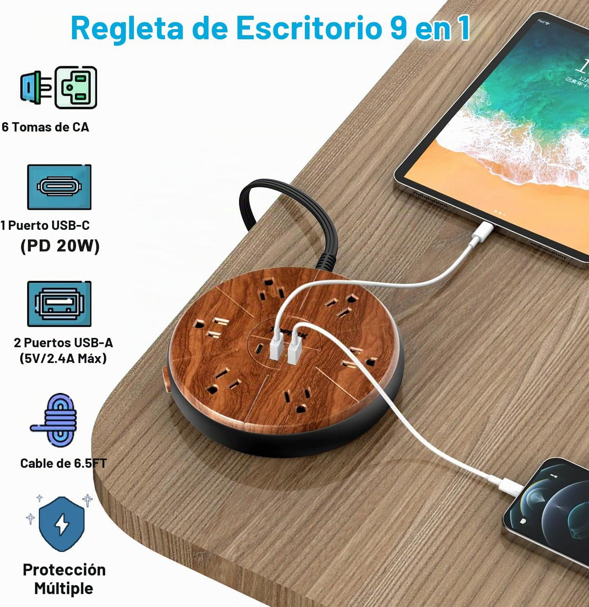 Regleta de alimentación con USB - 6 tomacorrientes, 1 USB-C (20 W PD), 2 USB-A - Regleta protectora de sobretensiones con acabado de madera, cable de extensión plano de 6.5 pies para oficina en casa