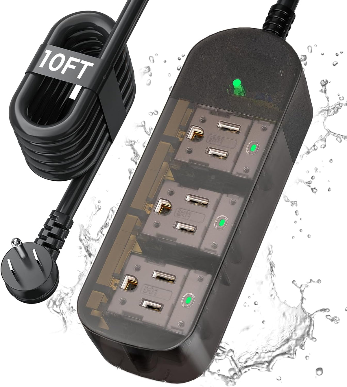 Regleta de alimentación para exteriores resistente al clima, protector de sobretensiones transparente IPX6 con 3 tomas anchas, 1625W/13A, cable de extensión de 10 pies, montable en pared para interior
