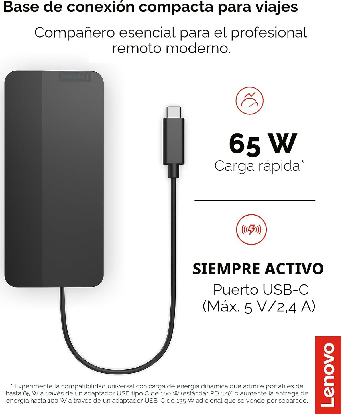 Lenovo Base de viaje USB-C de doble pantalla, 7 puertos, cable USB-...