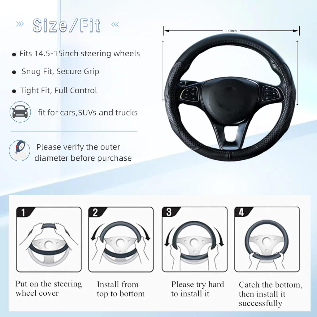 Funda de Volante de Cuero Negro Funda de Volante de Cuero de Vaca Cuero Genuino Funda de Volante para BMW Tamaño Universal M / 15 pulgadas Compatible con Coche/Auto/SUV (A-Negro-M)