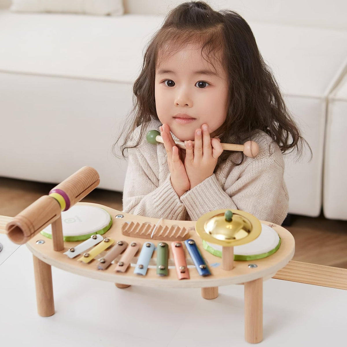 Asweets Juego de batería 7 en 1 para niños pequeños, xilófono de madera, kit de instrumentos musicales, juego para niños pequeños, juego de batería para bebés, juguetes Montessori, juguetes