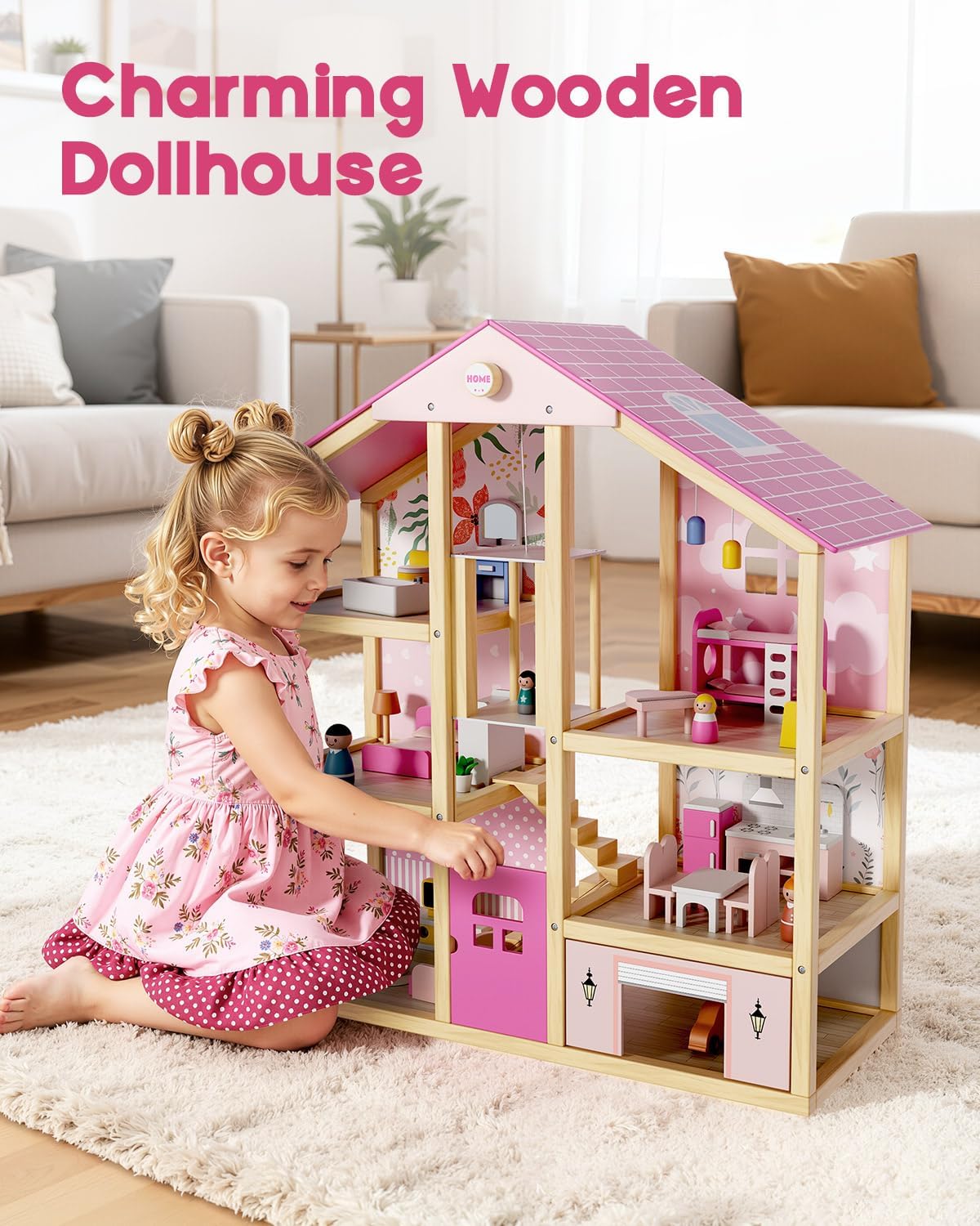 Casa de muñecas de madera para niñas y niños de 3 a 8 años, casa de
