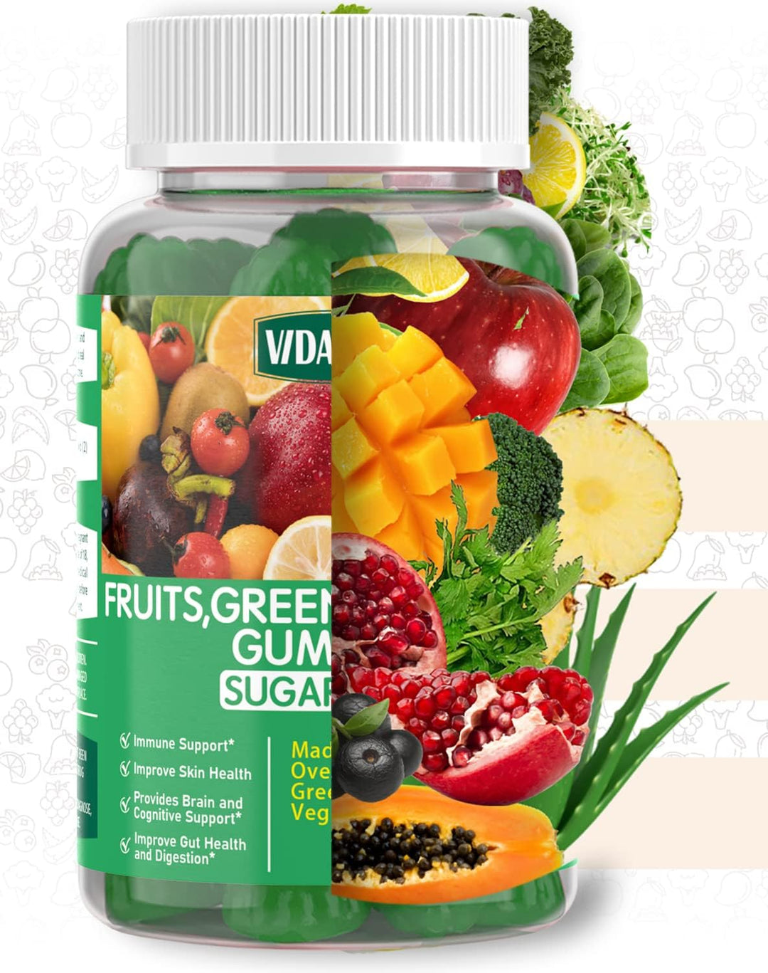 VIDAVITE Gomitas Super Greens sin azúcar, hechas en Estados Unidos,...