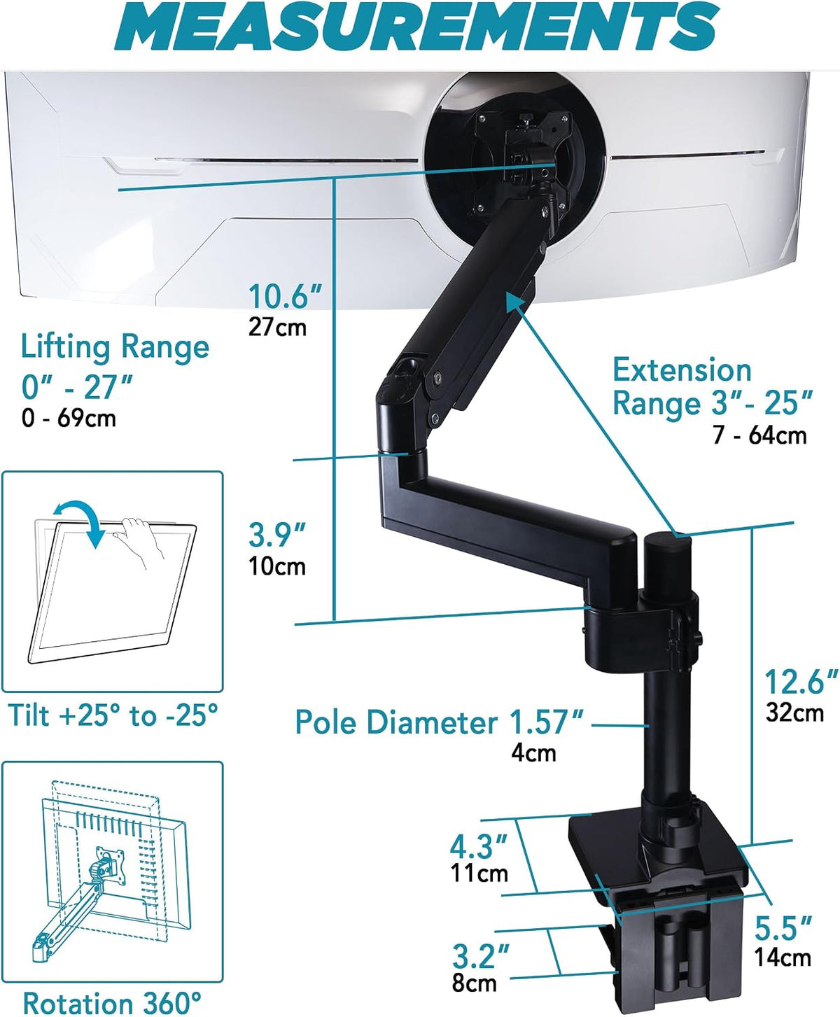 ULTRARM Brazo de monitor de servicio pesado para monitores ultraanchos de hasta 57" y 44 libras, soporte de escritorio individual, altura ajustable neumática, brazos de extensión modulares - VESA