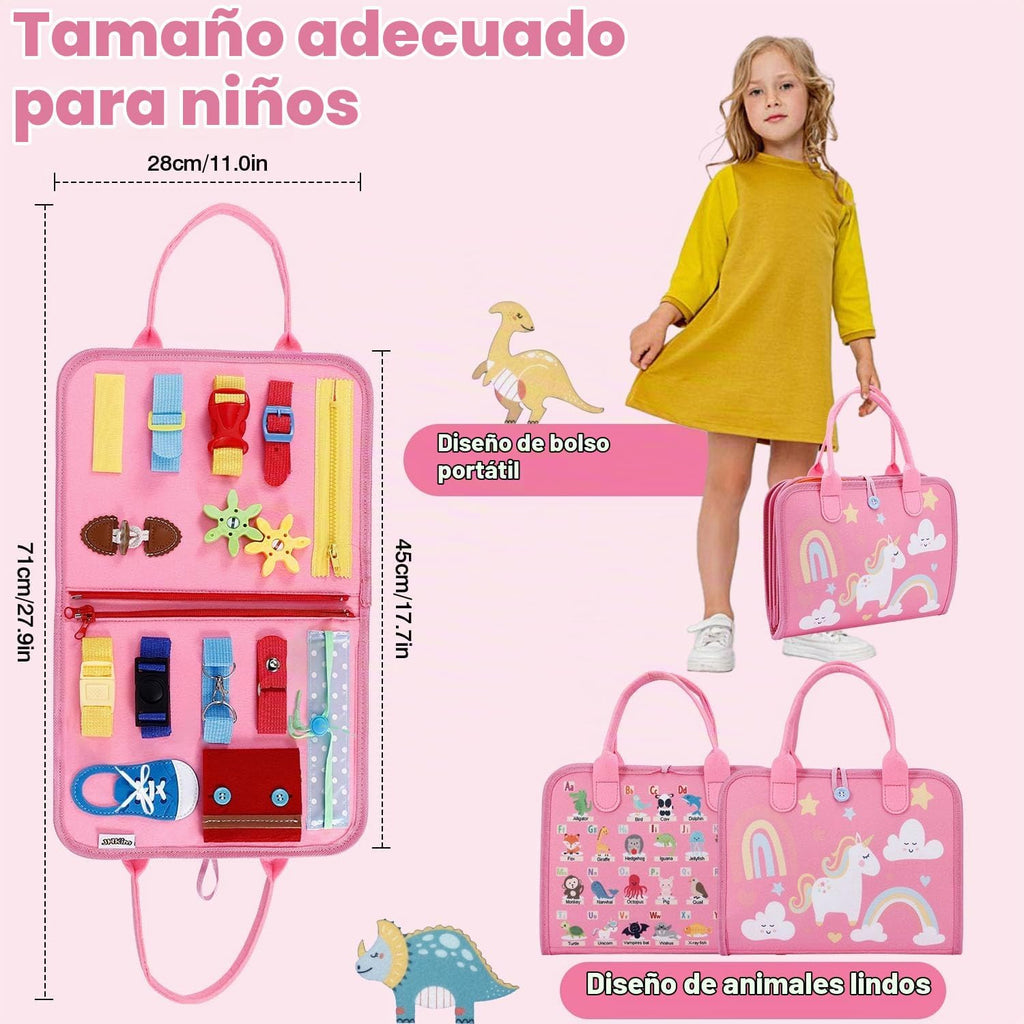 Tabla de actividades de viaje, juguete sensorial de viaje, regalos para niñas y niños, juguetes Montessori para aprender habilidades motoras finas, actividades educativas, libro ocupado para avión (rosa)