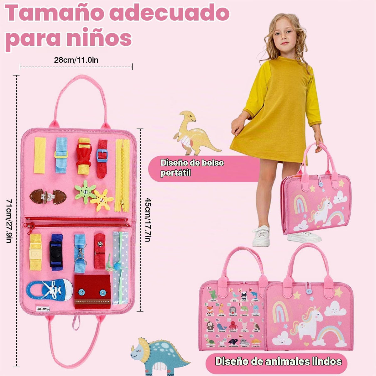 Tabla de actividades de viaje, juguete sensorial de viaje, regalos para niñas y niños, juguetes Montessori para aprender habilidades motoras finas, actividades educativas, libro ocupado para avión (rosa)
