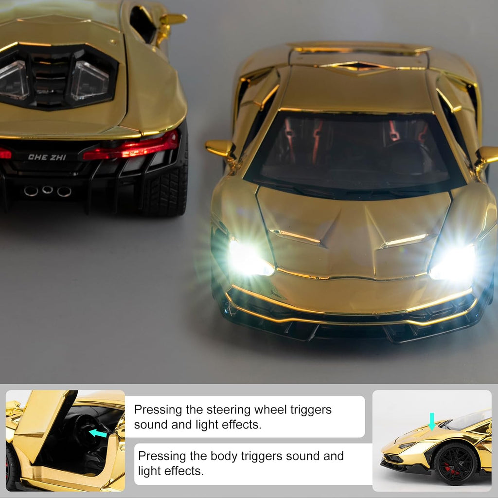 TGRCM-CZ 1/24 Lamborghini 770 Model Car, coche de juguete con sonido y luz con función de retroceso, modelo de aleación coleccionable, regalo para niños dorado