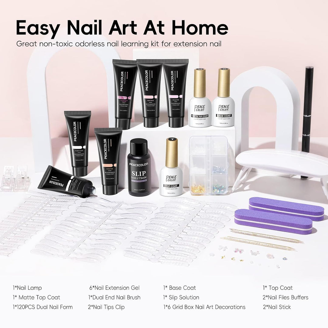 PEACECOLOR - Kit de inicio de gel de uñas de poly con lámpara de uñ...