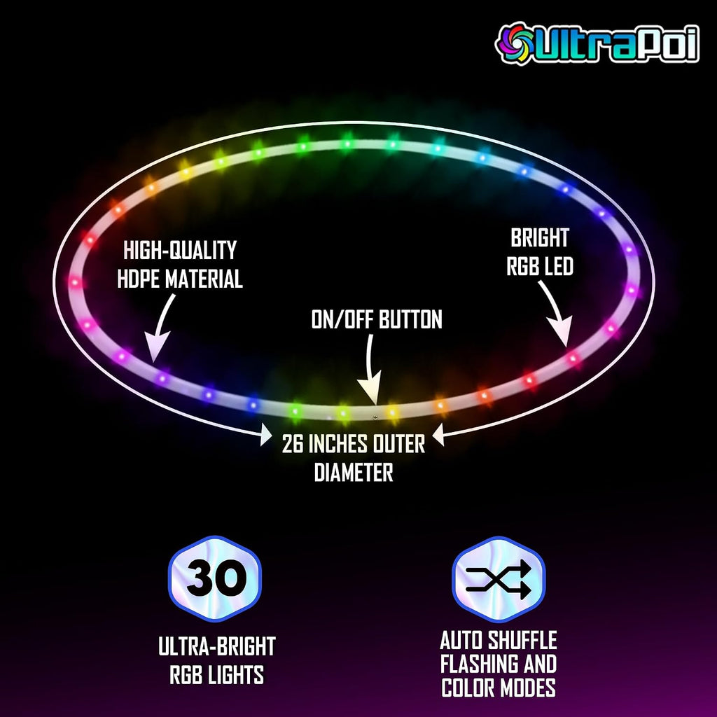 UltraHoop Shuffle LED Hoop – Aro LED inteligente con cambio de color automático y más de 100 patrones de luz – Recargable, plegable, juguetes de flujo que brillan en la oscuridad para
