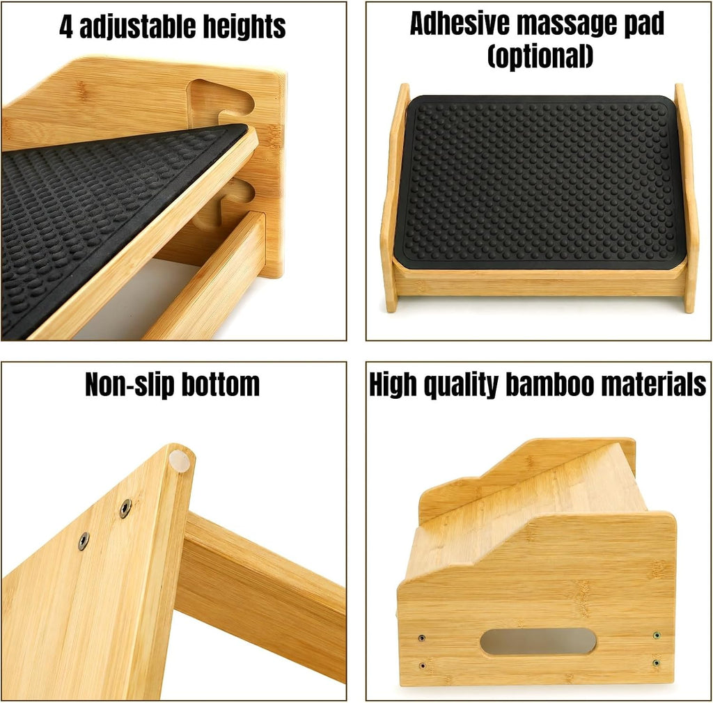 Lámpara Hiceeden Reposapiés de bambú debajo del escritorio, reposapiés ergonómico con 4 alturas ajustables, taburete antideslizante con superficie de masaje para trabajo en oficina y hogar, mejora la postura