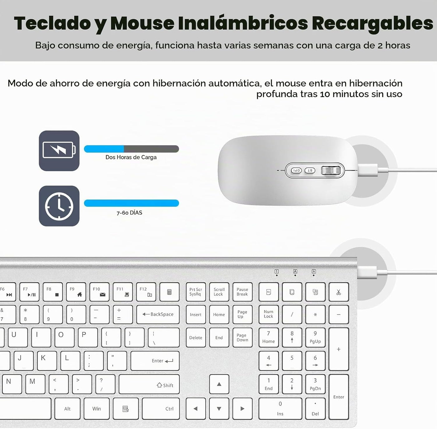 Combo de teclado y mouse inalámbricos recargables, juego de teclado...
