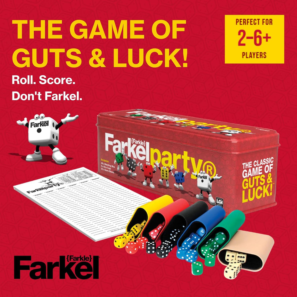 Farkel Juego de dados clásicos para fiestas, juego de dados con licencia oficial de Farkle, 36 dados, 6 tazas, hojas de puntuación y lata de almacenamiento, juego de dados de viaje para noche de juego familiar | 2+ jugadores, a partir de 8 años
