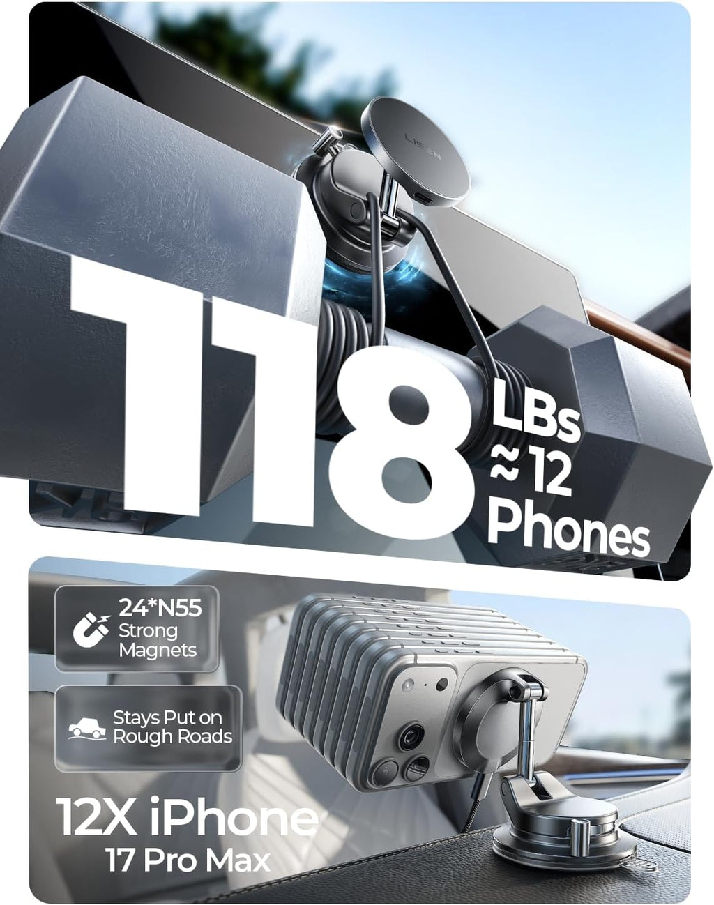LISEN Cargador de coche Magsafe de 15 W para iPhone 18 Pro Max, cargador inalámbrico magnético para coche, soporte de teléfono con succión, soporte magnético de teléfono al vacío para Carfor iPhone 18