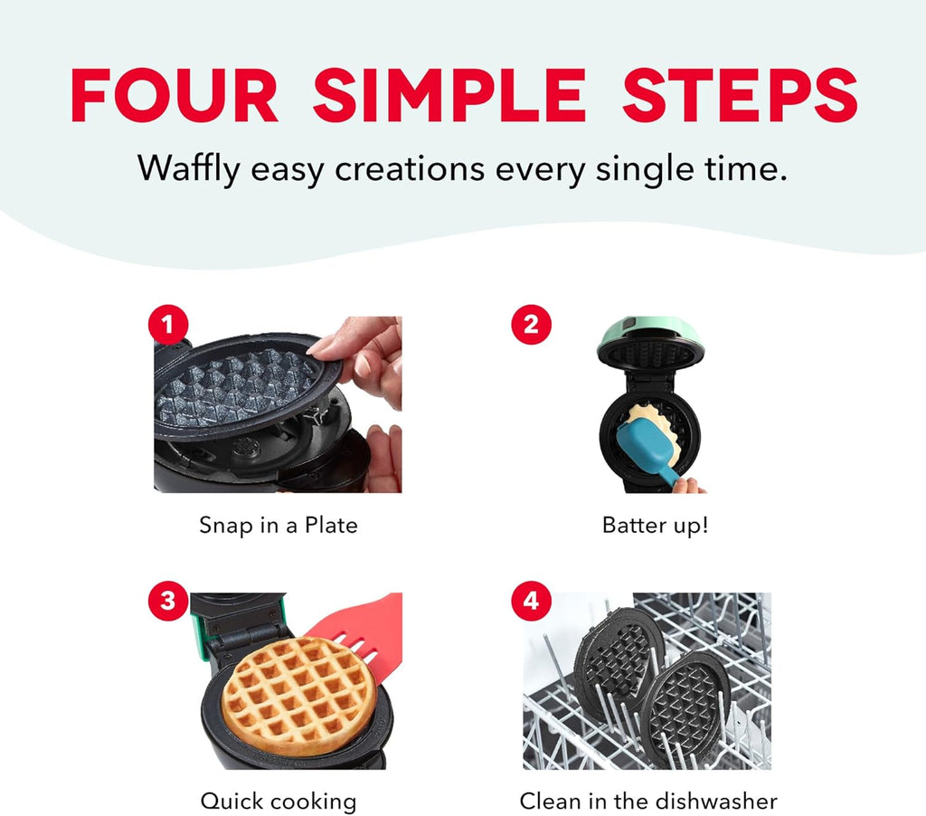Dash MultiMaker Mini Maker - Máquina compacta para hacer gofres para desayunos familiares - Placas de plancha extraíbles y superficie antiadherente - 6 platos y estuche de almacenamiento - Aqua