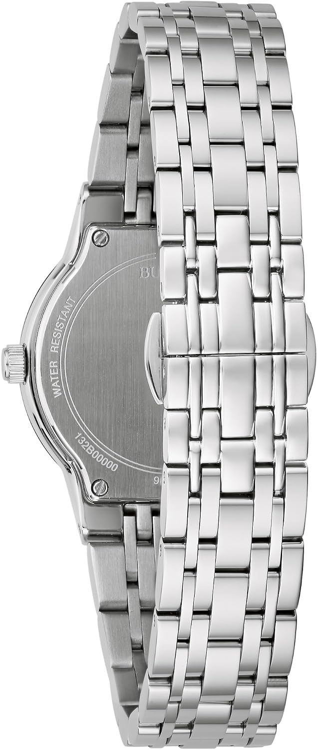 Bulova Reloj moderno de cuarzo de 3 manecillas de acero inoxidable para mujer, estilo de esfera negra: 96L299