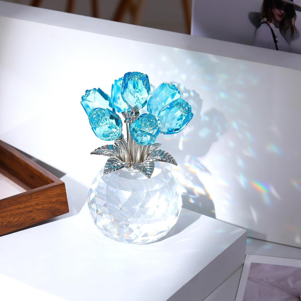 Figura de Flor de Cristal Color Azul Cristal con Rosa, colección