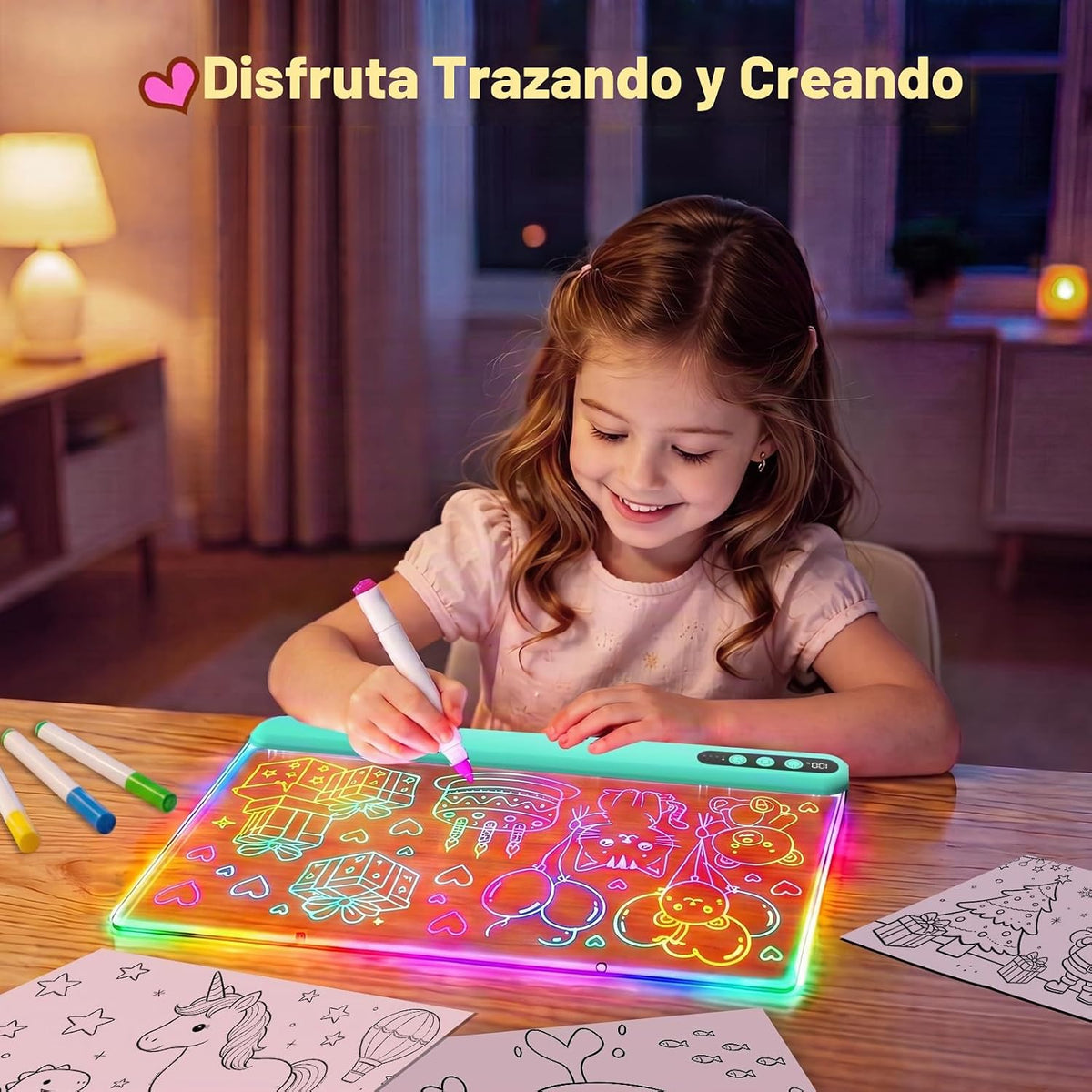 Tablero de dibujo LED de 16 pulgadas para niños, tablero de notas LED recargable con 7 colores, tableta de dibujo iluminada, 7 modos dinásticos, incluye adaptador, regalos de Navidad, cumpleaños