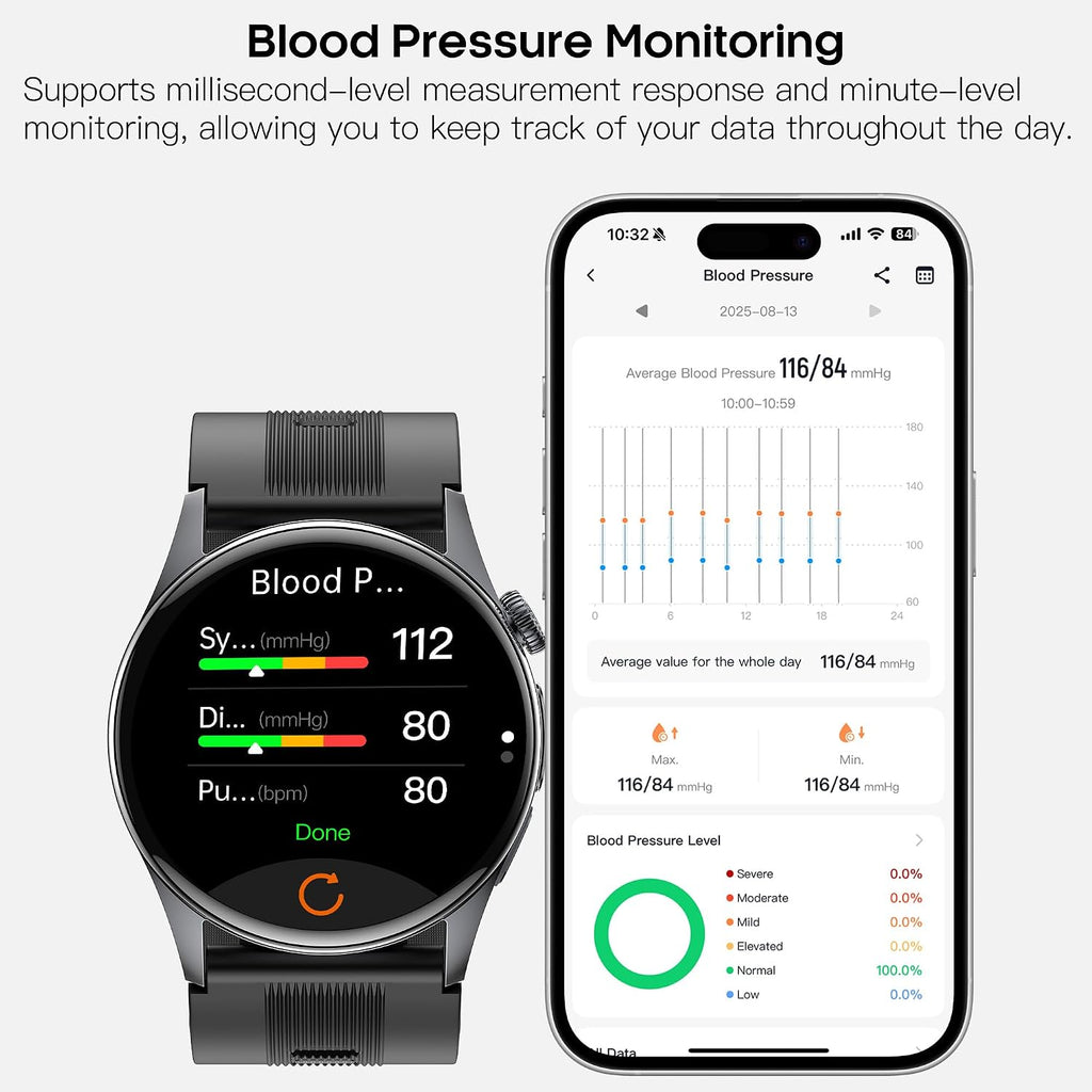 AMOLED - Relojes inteligentes de pantalla grande de 1.56 pulgadas para hombres y mujeres, reloj con monitor de presión arterial con bolsa de aire con frecuencia cardíaca