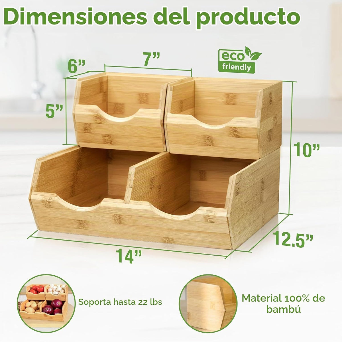 HOMESTEAD Contenedores de almacenamiento de despensa de bambú, apilables, para papas y cebollas, para encimera de cocina, organizador de despensa, cesta de frutas y verduras, multiusos, juego de 3 unidades de acceso deslizante