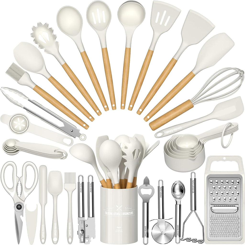 Umite Chef - Juego de utensilios de cocina de silicona, 34 piezas de utensilios de cocina resistentes al calor y herramientas con rallador, mangos de madera color crema blanca para utensilios de