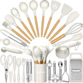 Umite Chef - Juego de utensilios de cocina de silicona, 34 piezas de utensilios de cocina resistentes al calor y herramientas con rallador, mangos de madera color crema blanca para utensilios de