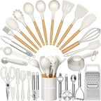 Umite Chef - Juego de utensilios de cocina de silicona, 34 piezas de utensilios de cocina resistentes al calor y herramientas con rallador, mangos de madera color crema blanca para utensilios de