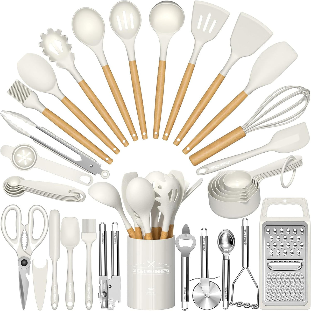 Umite Chef - Juego de utensilios de cocina de silicona, 34 piezas de utensilios de cocina resistentes al calor y herramientas con rallador, mangos de madera color crema blanca para utensilios de