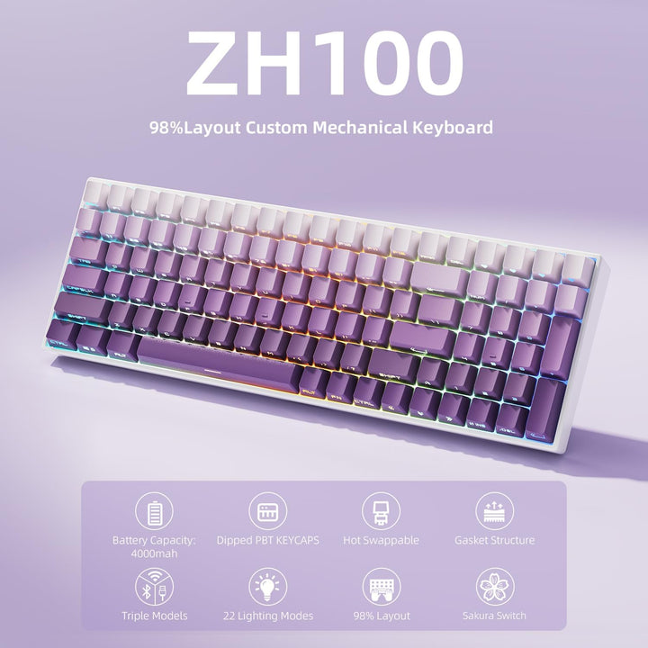 ZORNHER ZH100 Wireless Mechanical Keyboard,98% Purple Creamy Keyboa...