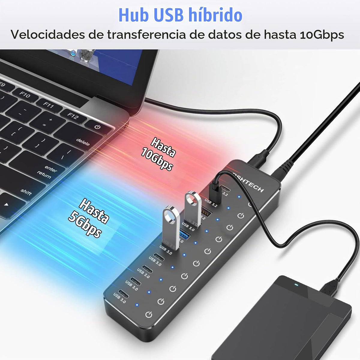 RSHTECH, RSH-ST10C-6, hub USB 3.2 de 10 puertos, alimentado, adaptador 12V/5A