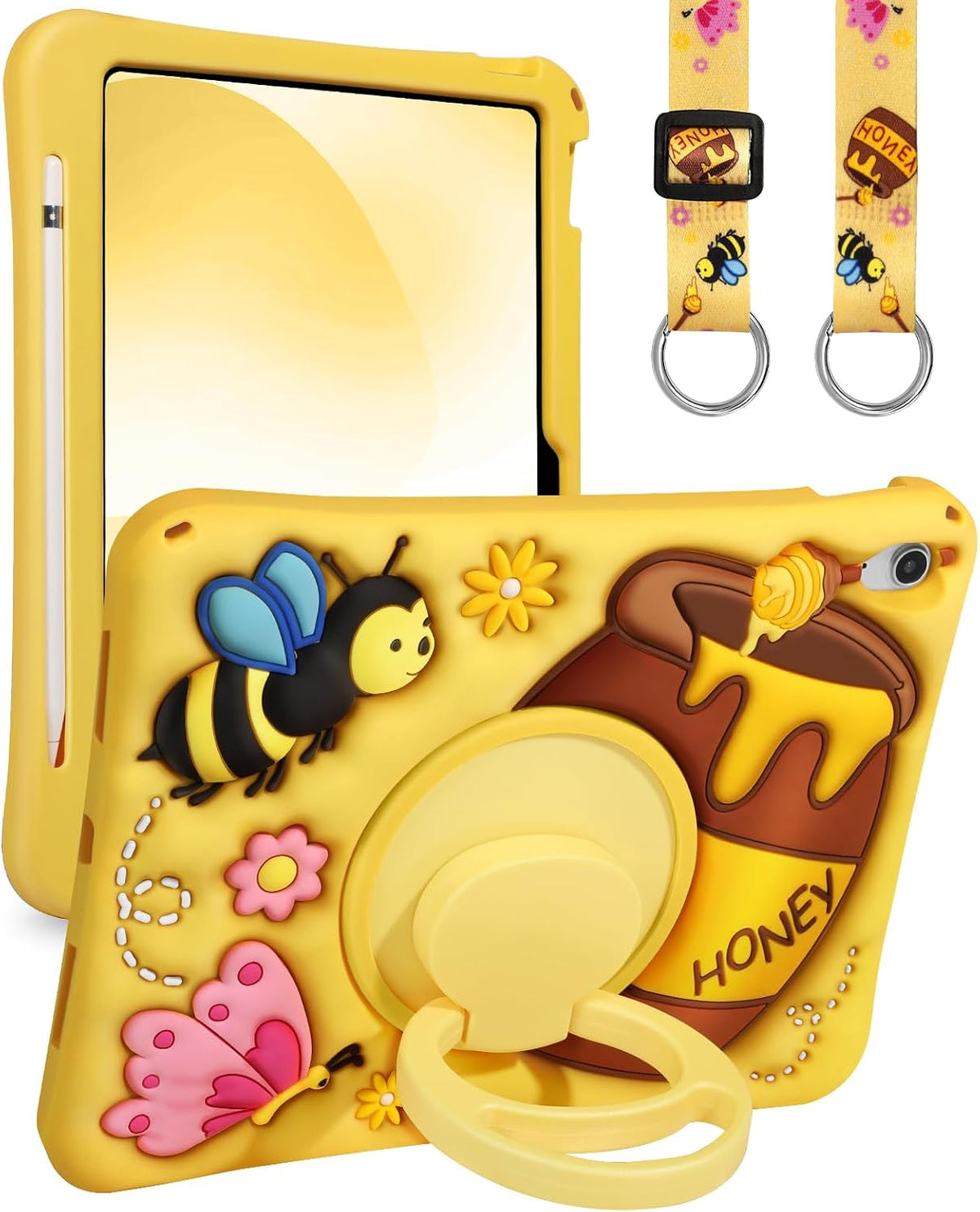 Boaretiu - Funda para iPad A16/10ª generación, con soporte para lápices, correa para el hombro y soporte giratorio, diseño de dibujos animados amarillos para niñas y niños, de silicona para iPad de