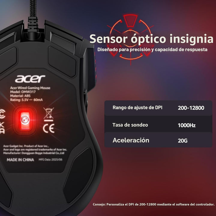 acer Ratón para juegos con cable, mouse ergonómico RGB de 12,800 DP...