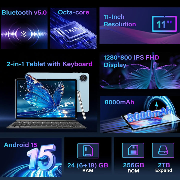 Tablet Android 15 de 11 pulgadas 2026 con teclado, 24 GB+256 GB, ex...