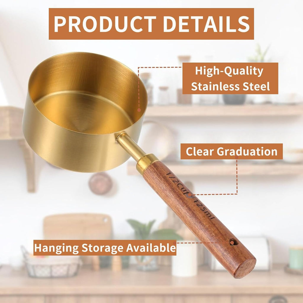 Juego de tazas y cucharas medidoras doradas con mango de madera de acero inoxidable US Metric