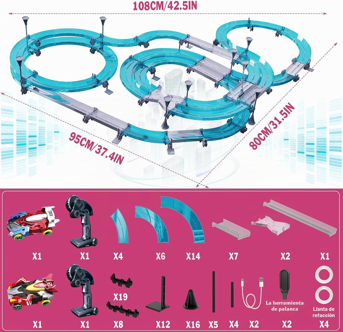 Juego de pistas de carreras de coches de ranura para dos jugadores, coche eléctrico a control remoto para niños, juego de carreras eléctrico con controladores de mano, pista circular de paso elevado, juguetes de cumpleaños para niños 6, 7, 8-12