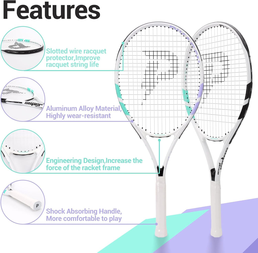 Raquetas de tenis de 27 pulgadas para adultos, juego de 2 raquetas de tenis recreativas con 2 sobregrips y 1 bolsa de tenis. Perfecto para principiantes y estudiantes en entrenamiento