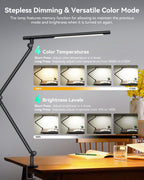 Lámpara Lámpara de escritorio LED con abrazadera, lámpara de escritorio de arquitecto de 18W con luz dual, brazo oscilante flexible de 3 secciones, con luz RGB, con control remoto, con interruptor sensor