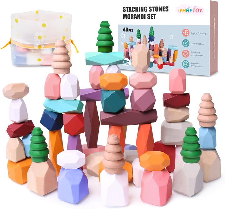 YHHYTOY 40 PCS Bloques de Construcción de Rocas Apilables de Madera...