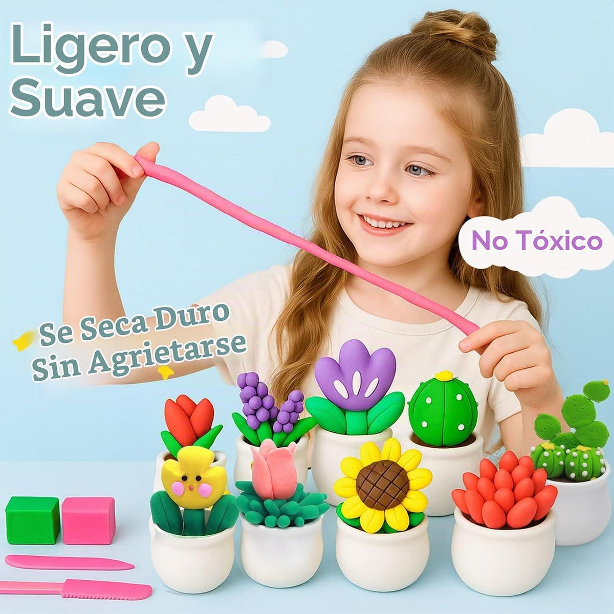 Arcilla seca al aire para niños, kit de arcilla para modelar 12 plantas DIY con herramientas de escultura