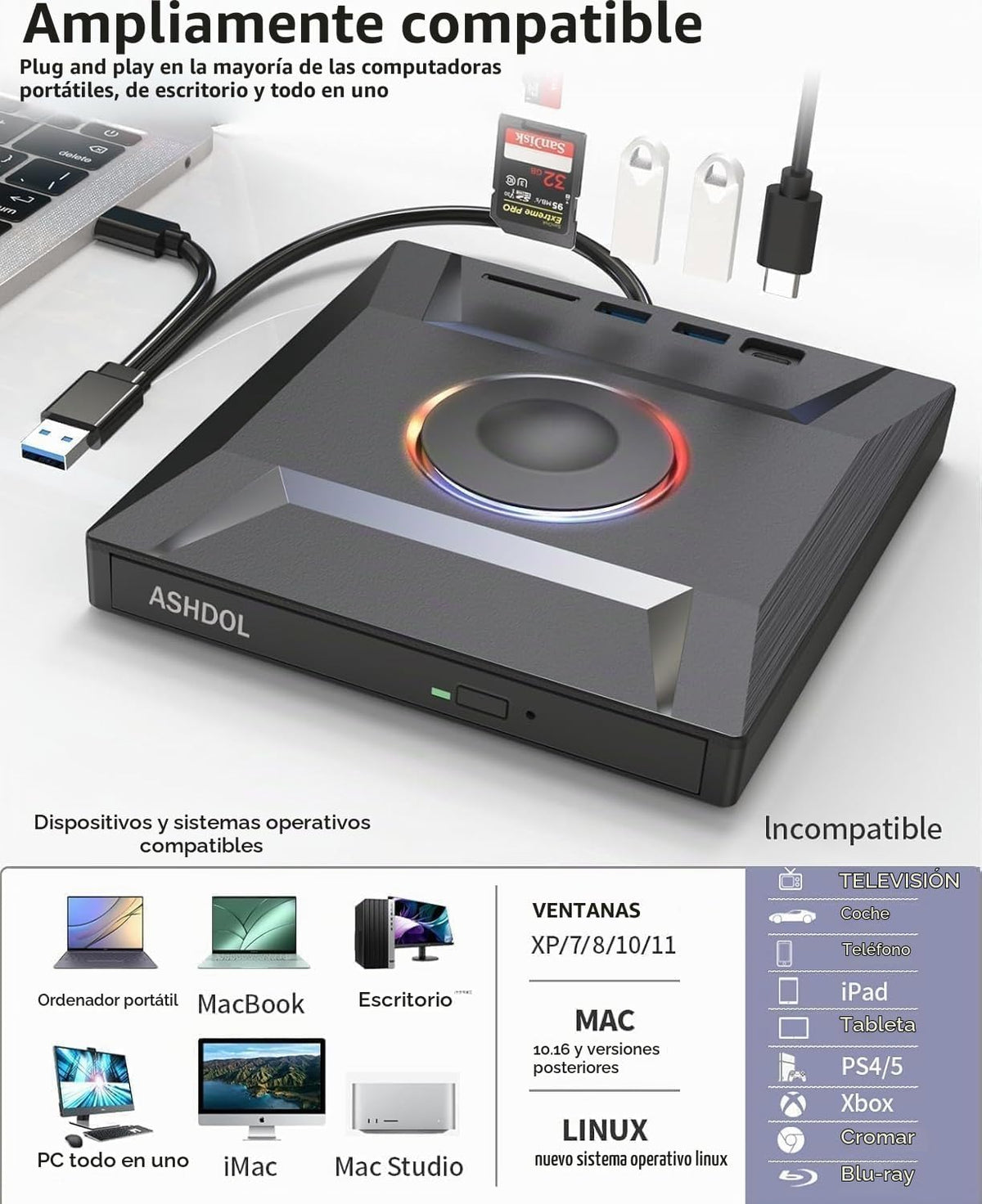 ASHDOL Unidad externa de CD DVD 7 en 1, lector de discos USB 3.0 y...