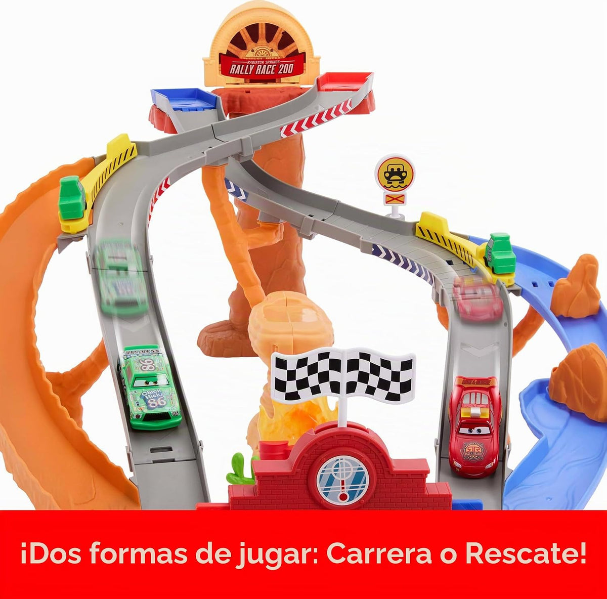 Mattel Disney y Pixar Cars Set de Juguetes, Rayo McQueen y Chick Hicks y 2 Vehículos del Equipo de Pobretones, 2 Maneras de Carrera, Pista de Carrera y Rescate Carretera de Rescate
